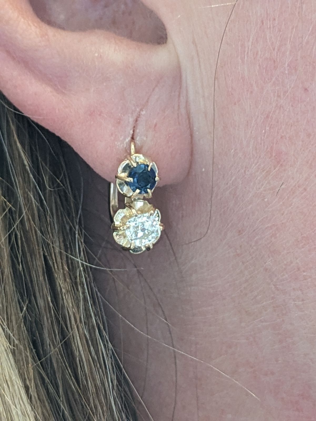 18k French Sapphire & Diamond Old European Cut Diamond Double Leverback Earrings