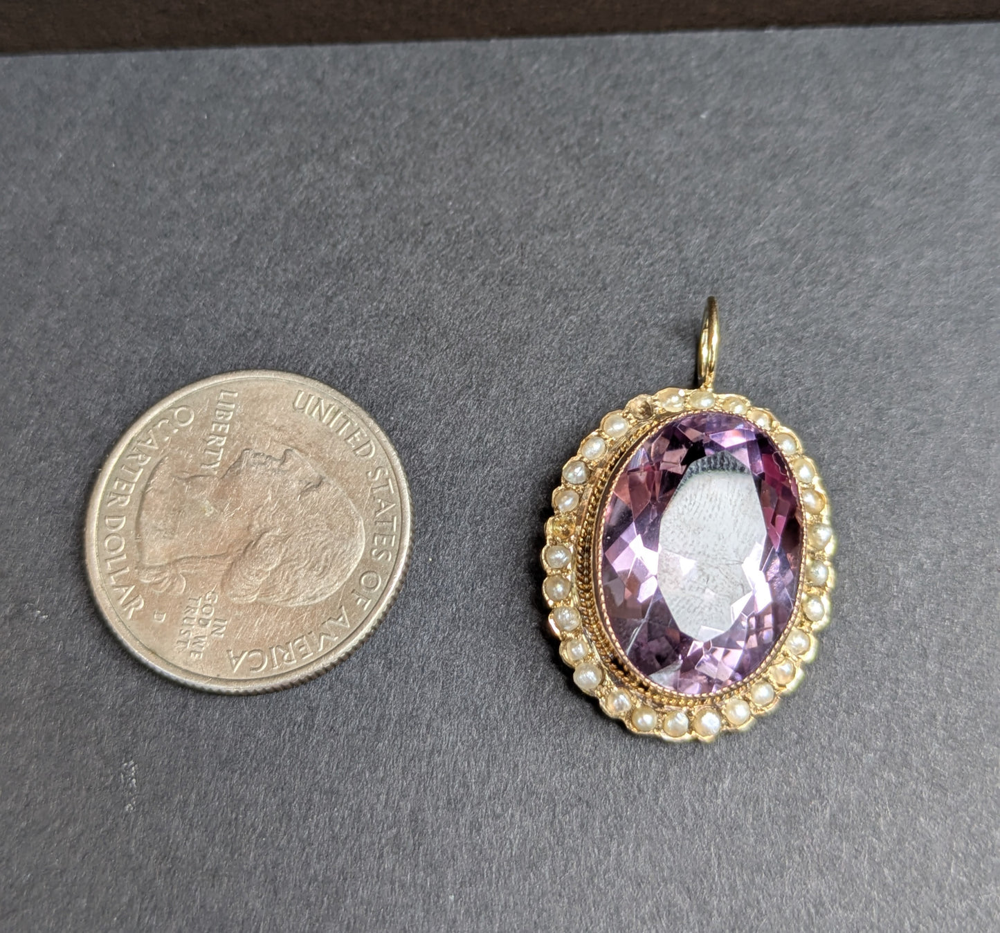 14kt Victorian Era (America) Amethyst with Milgrain and Seed Pearl Halo Pendant
