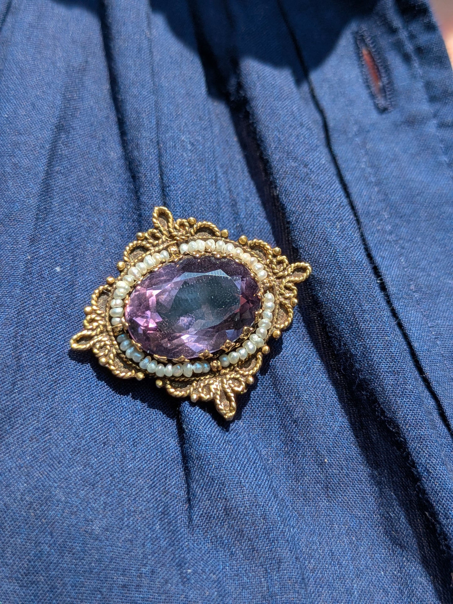 14k Seed Pearl and Amethyst Brooch/Pendant