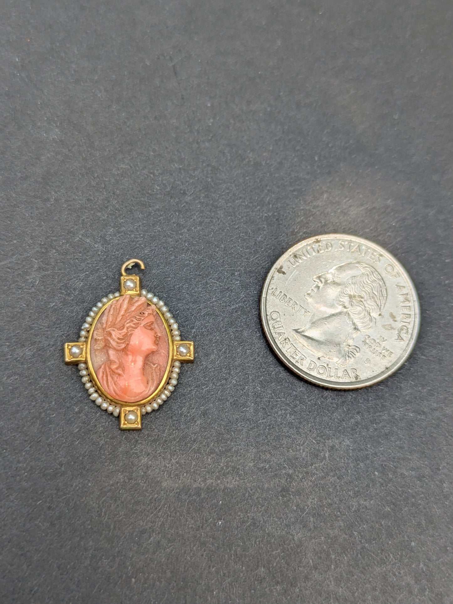 9k Victorian Era Carved Coral Cameo with Seed Pearl
