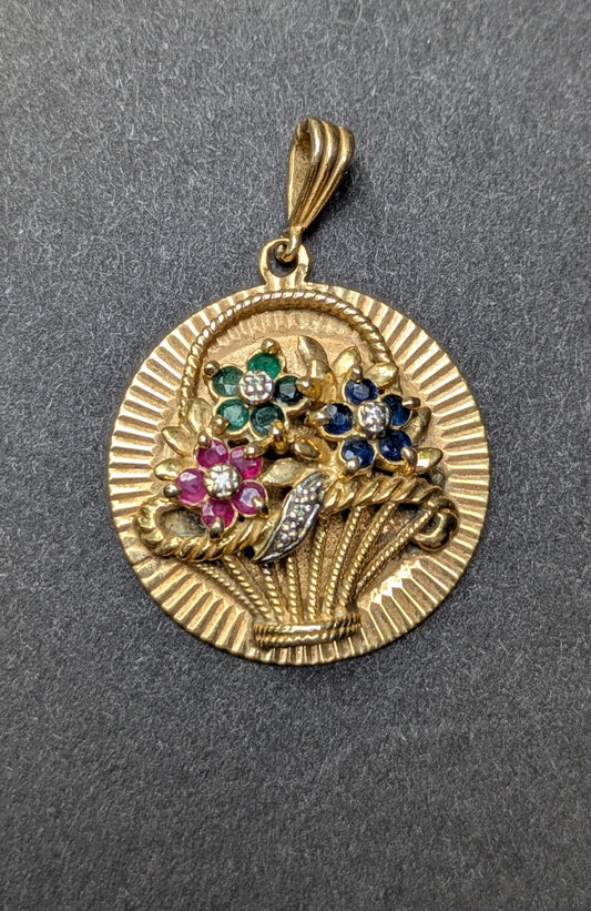 14k Vintage Pendant with Basket of Flowers- Ruby, Sapphire, Emerald, and Diamond