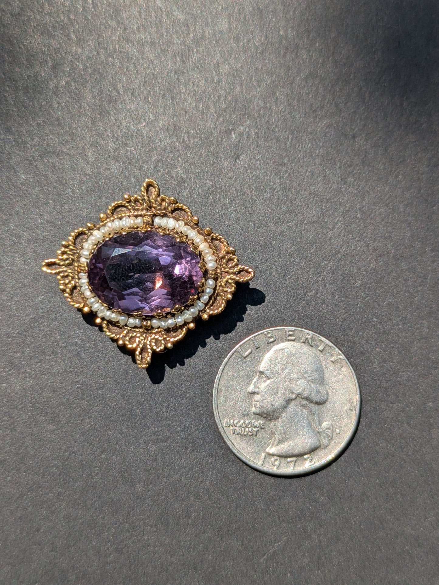 14k Seed Pearl and Amethyst Brooch/Pendant