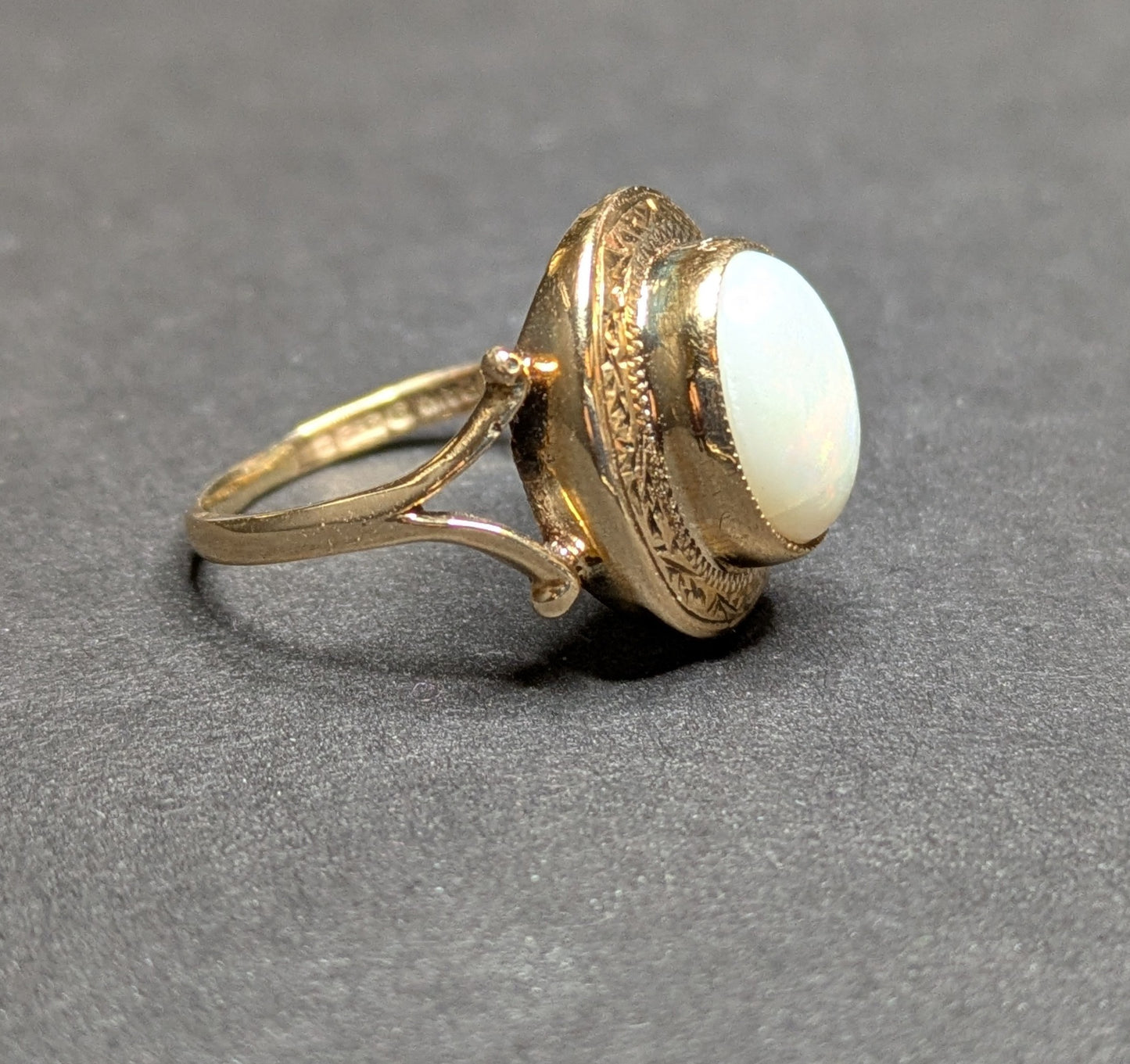 14k Cabochon Opal Ring with Hand Engraving