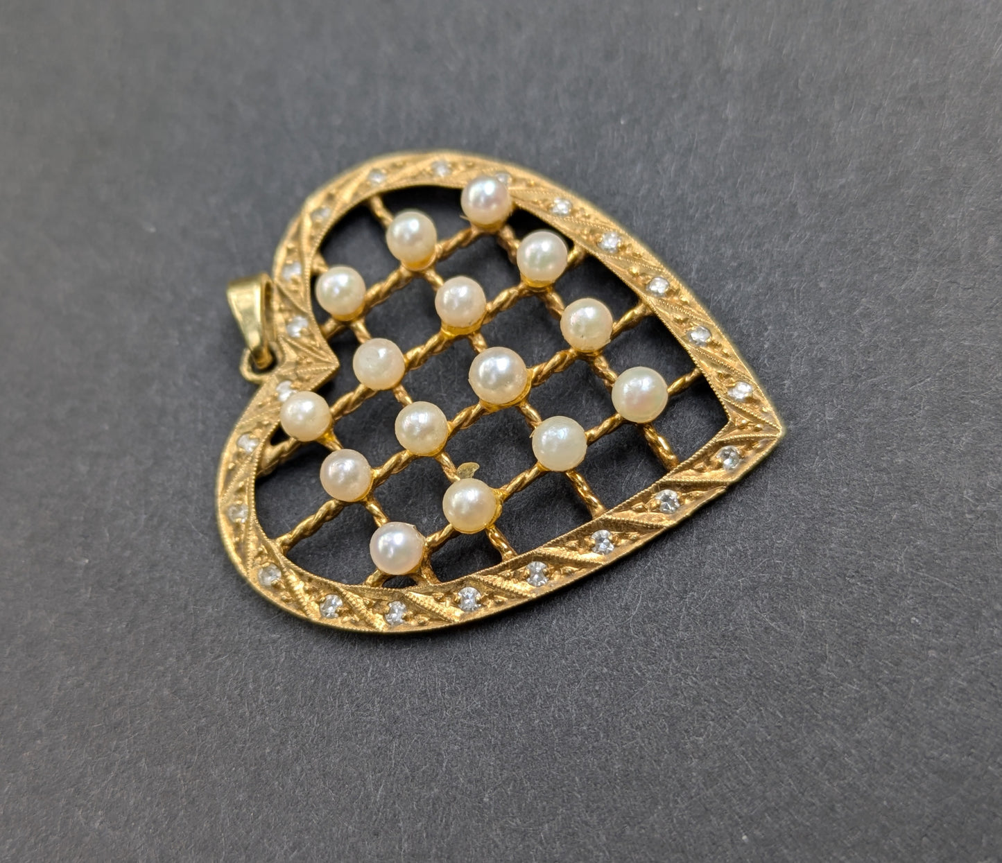 Large Vintage 14kt Pearl and Diamond Heart Pendant