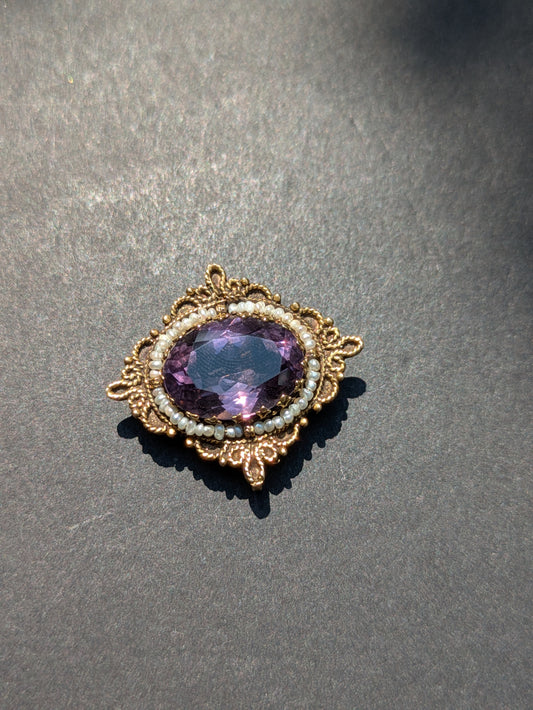 14k Seed Pearl and Amethyst Brooch/Pendant