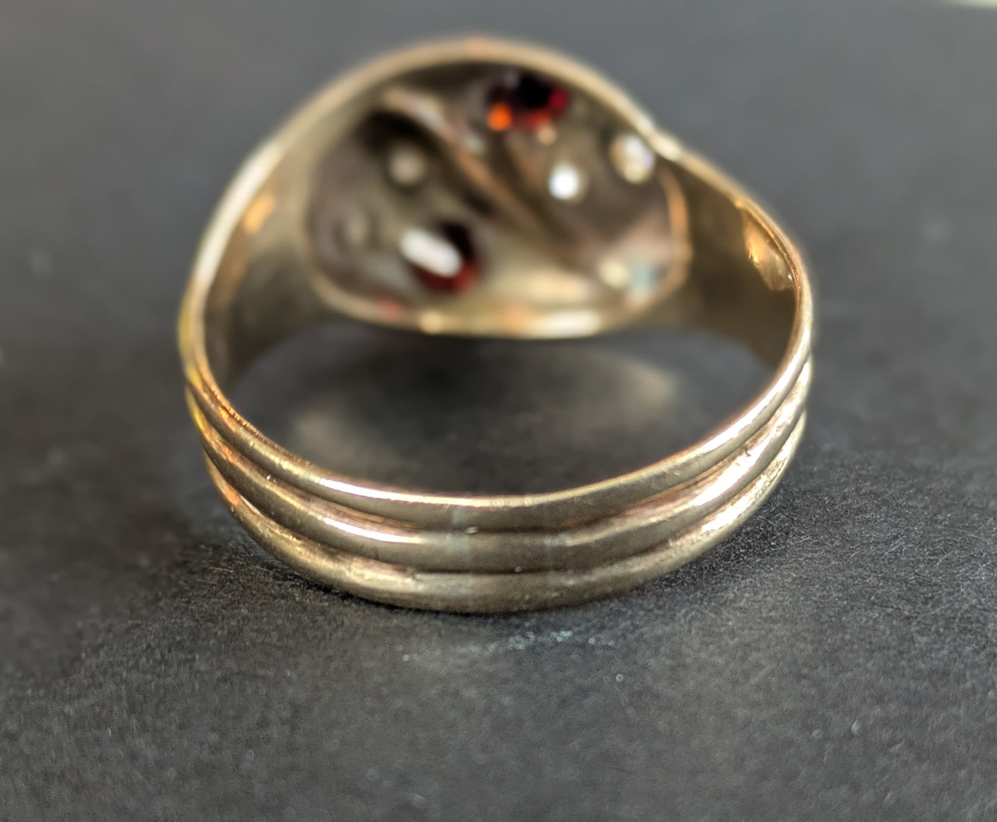 English Double Snake Ring With Garnet & OEC Diamond