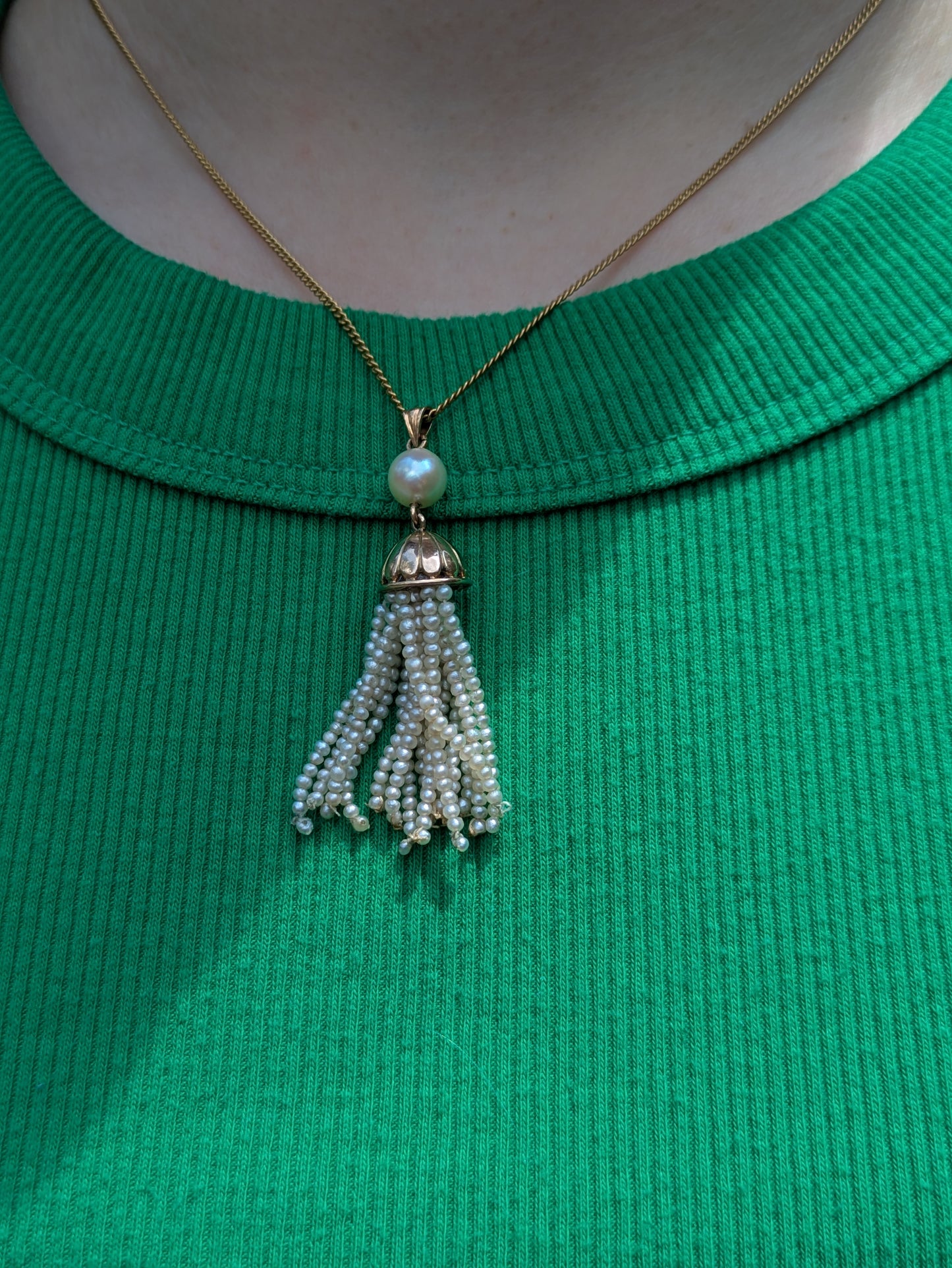 14kt Pearl Tassel Pendant & Chain 1930's