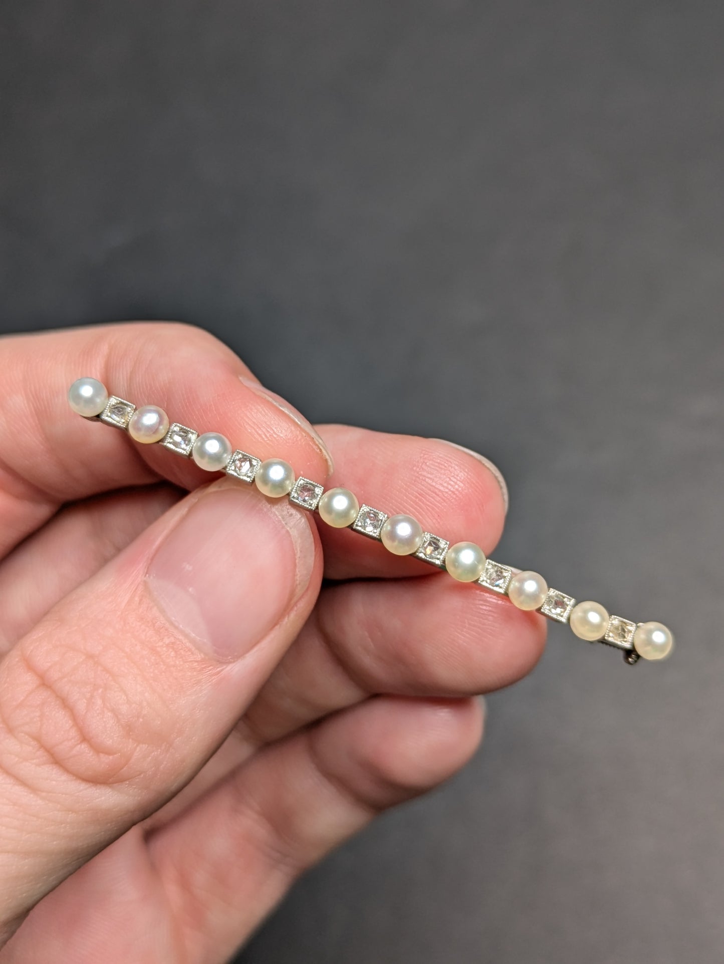 Platinum Pearl and Single Cut Diamond Bar Pin