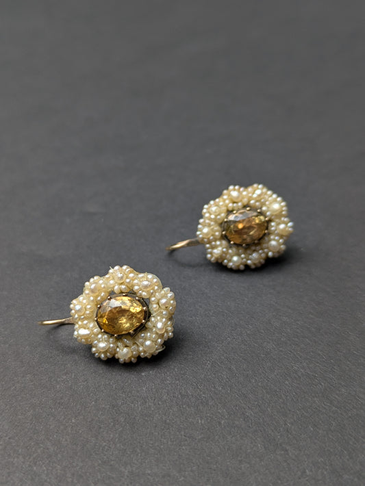 Georgian Foil Backed Citrine and Natural Pearl Earrings