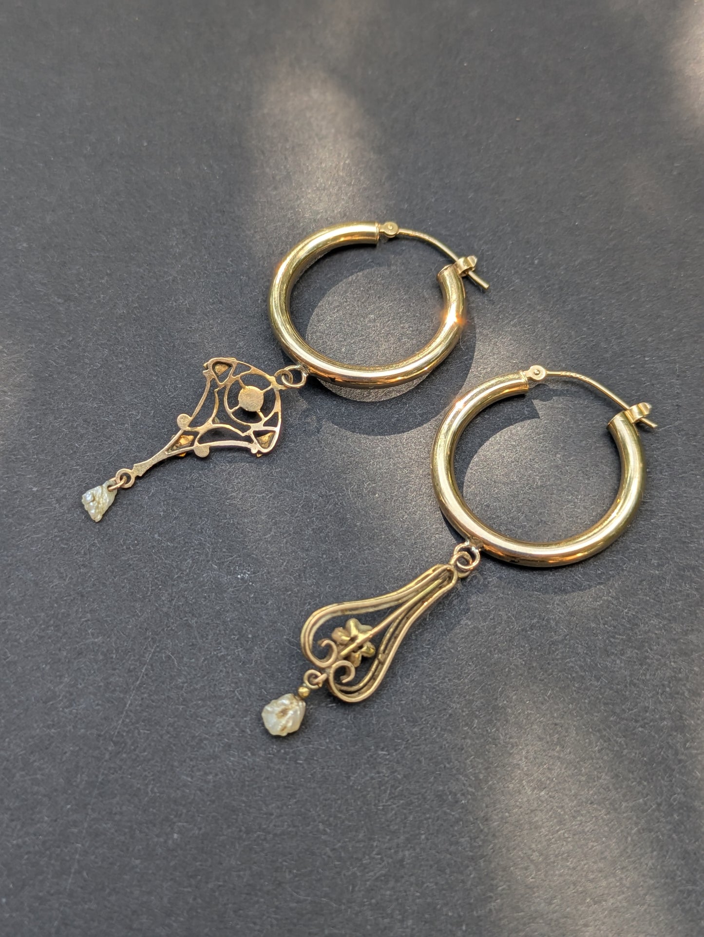 14k Hoop Earrings with Art Nouveau Diamond and Pearl Lavelier