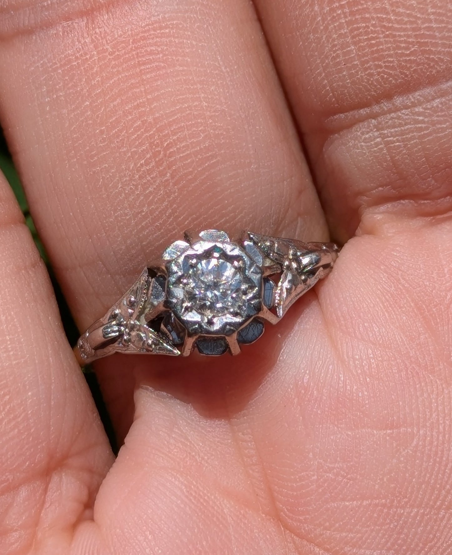 18k Gold and Platinum European Cut Diamond Ring