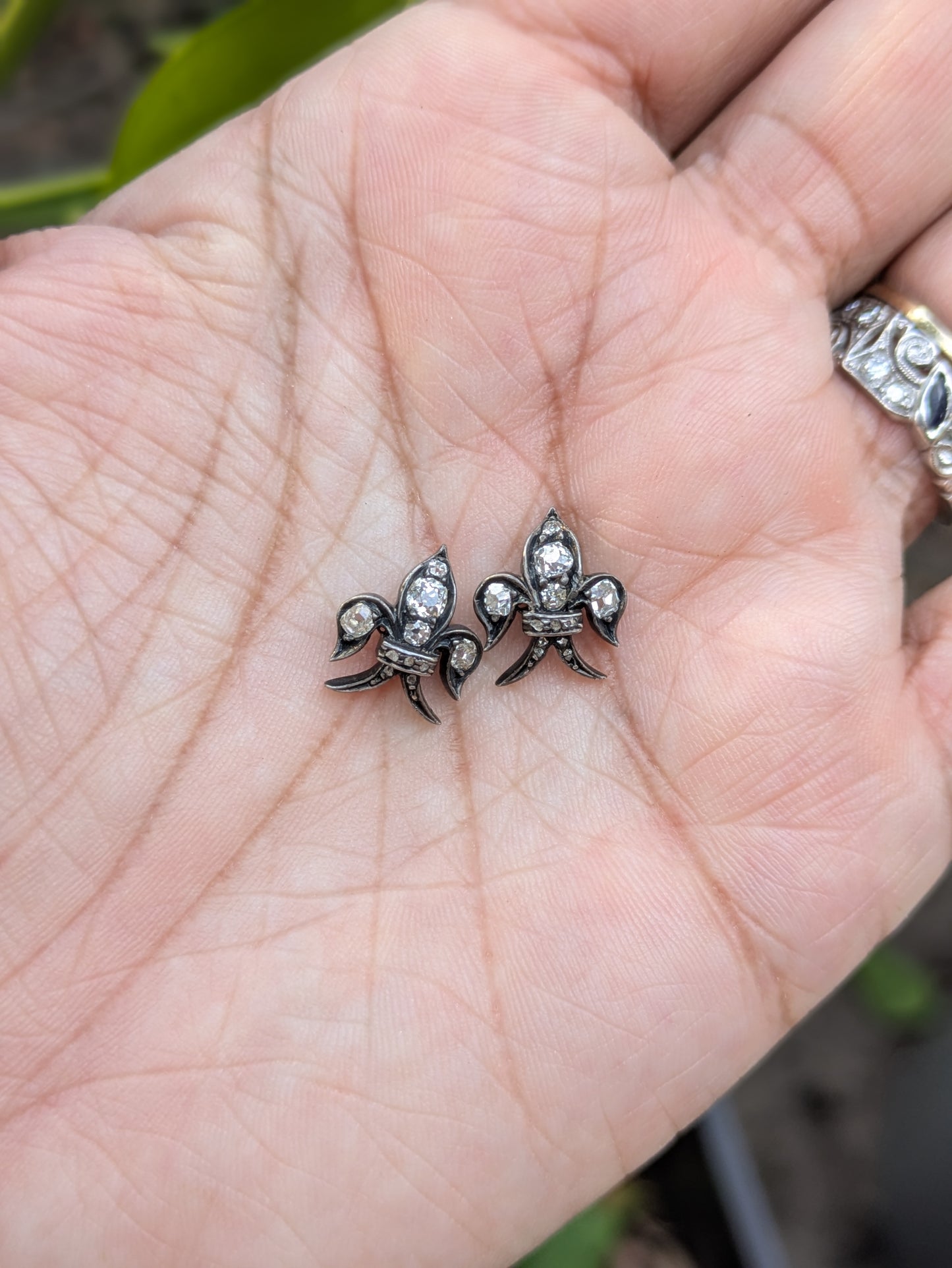 Silver and 18k French Fleur de Lis Mine Cut Diamond Earrings