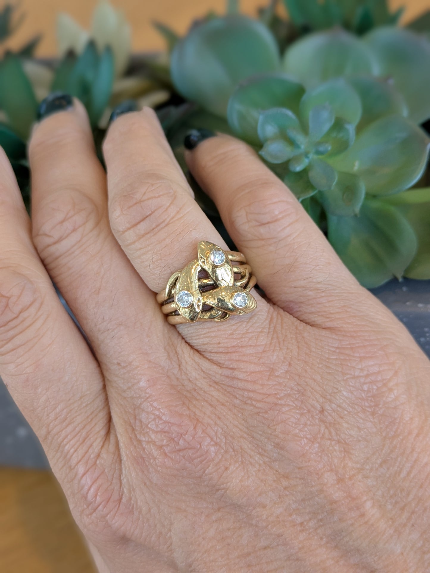 14k 3 Snake Ring with Old European Cut Diamonds