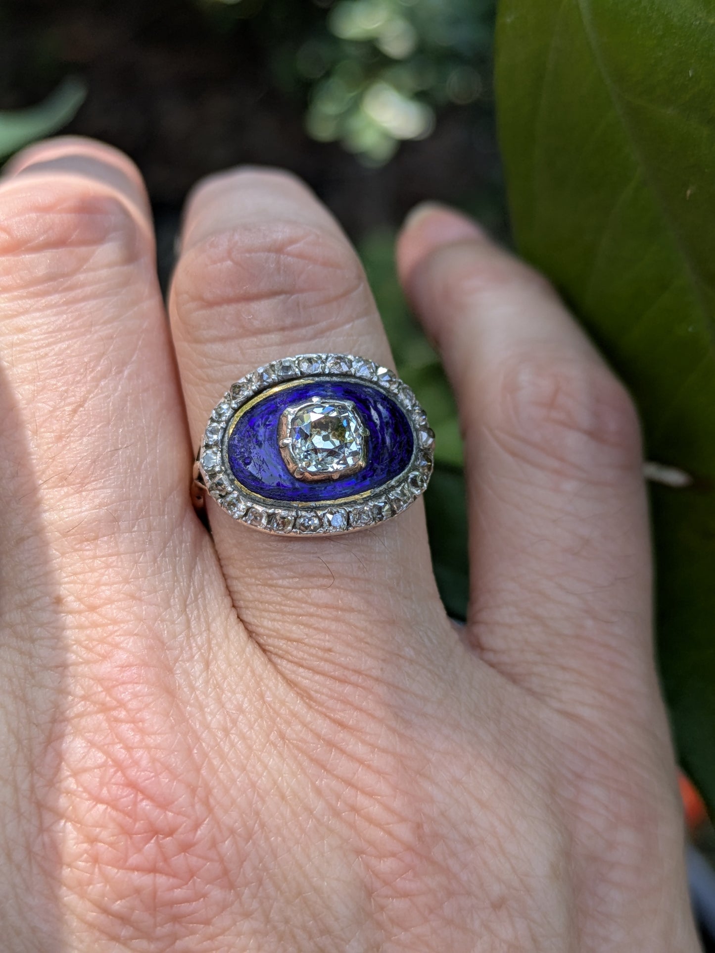 18kt Blue Enamel and Mine Cut Diamond Ring