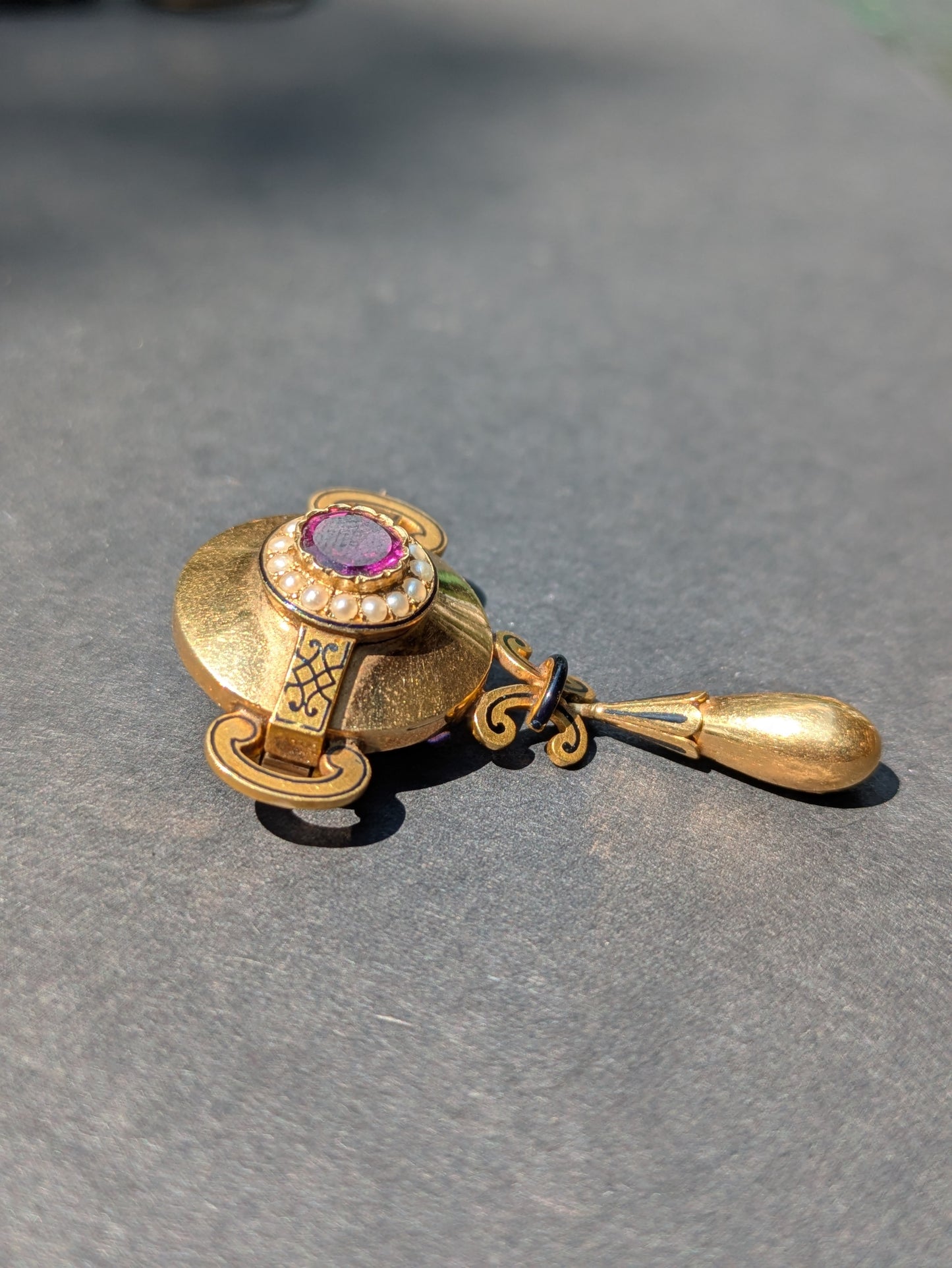 14kt Amethyst Seed Pearl and Enamel Brooch