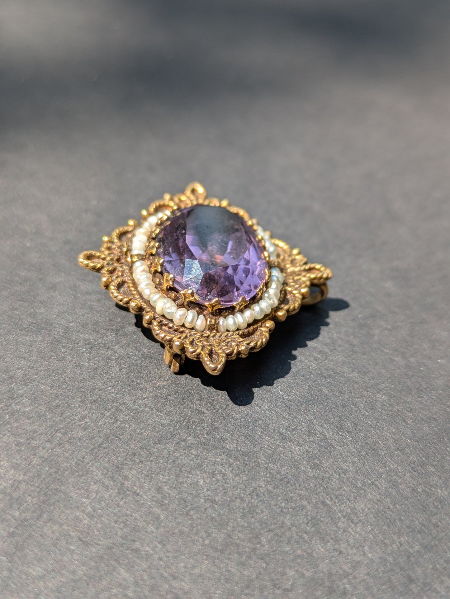 14k Seed Pearl and Amethyst Brooch/Pendant