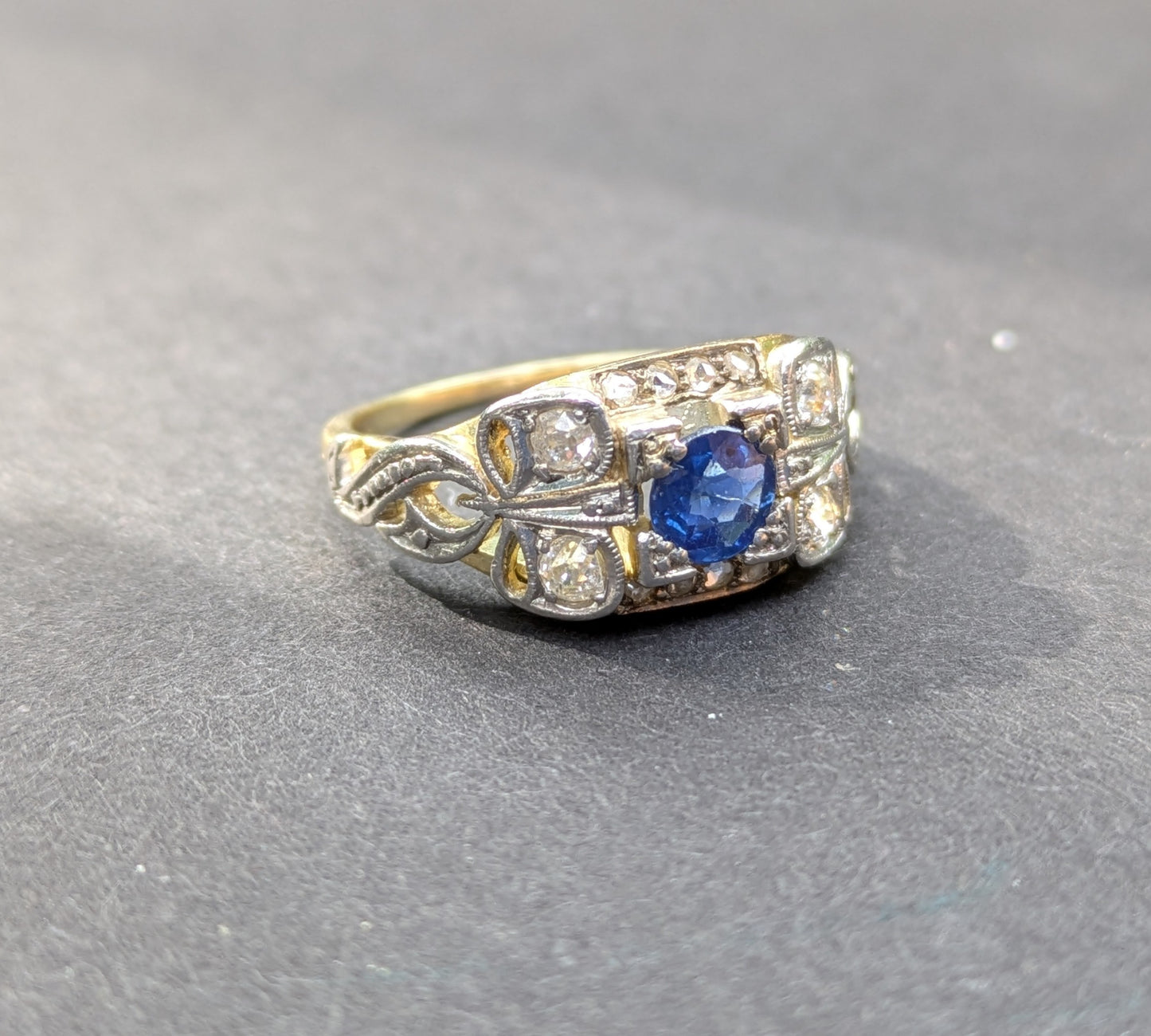 Platinum, 18k, Diamond and Sapphire Ring with Bow Details