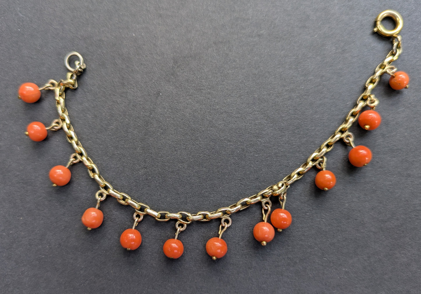 14Kt Coral bead and paperclip link bracelet, German 1920's
