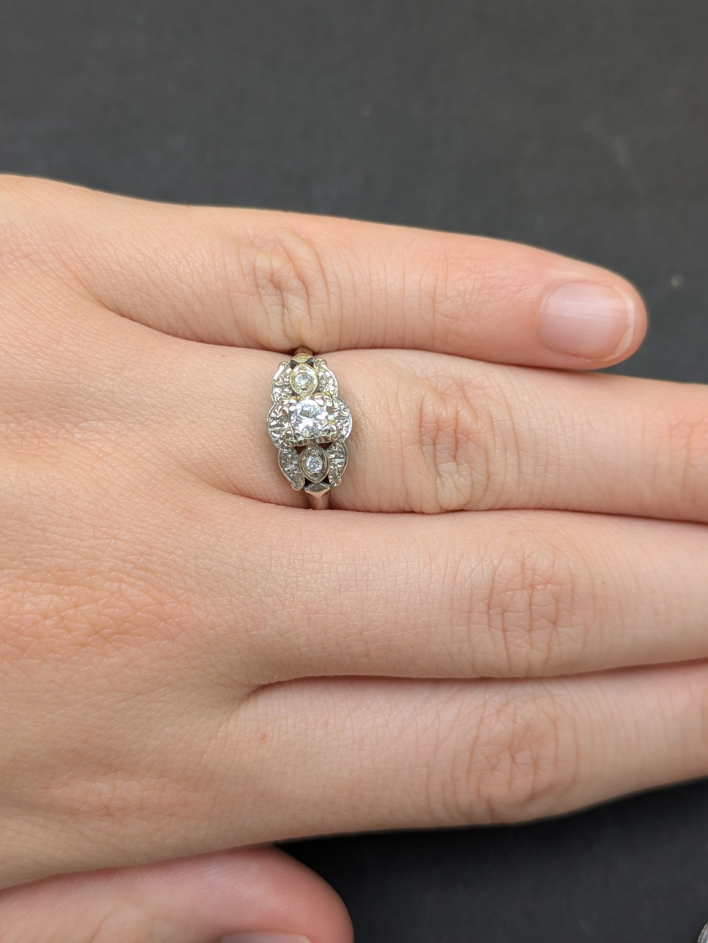 14k White Gold Diamond Ring European Cut Illusion Mounting