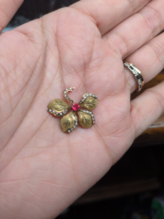 14k Ruby and Seed Pearl Clover Pendant