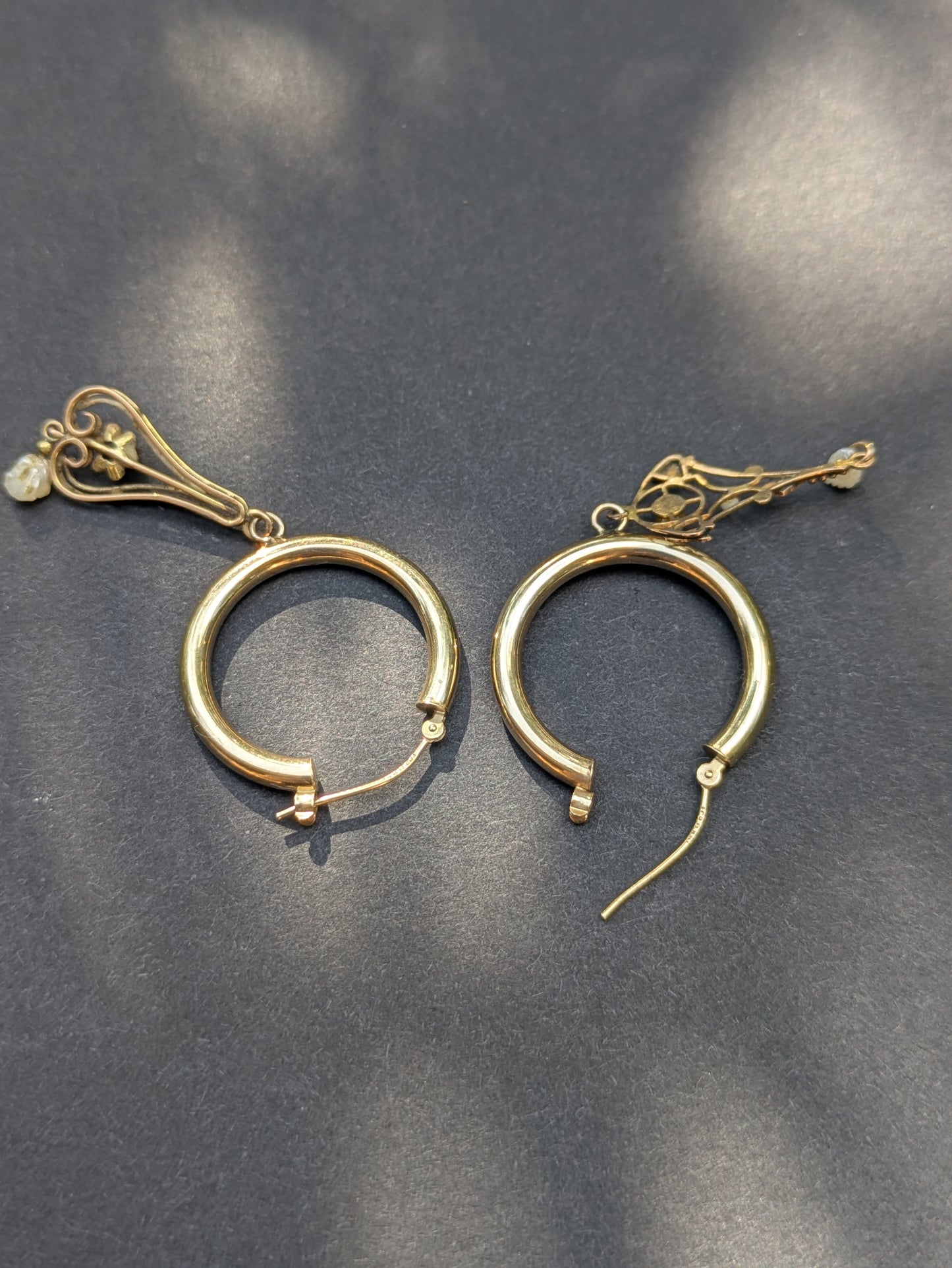 14k Hoop Earrings with Art Nouveau Diamond and Pearl Lavelier