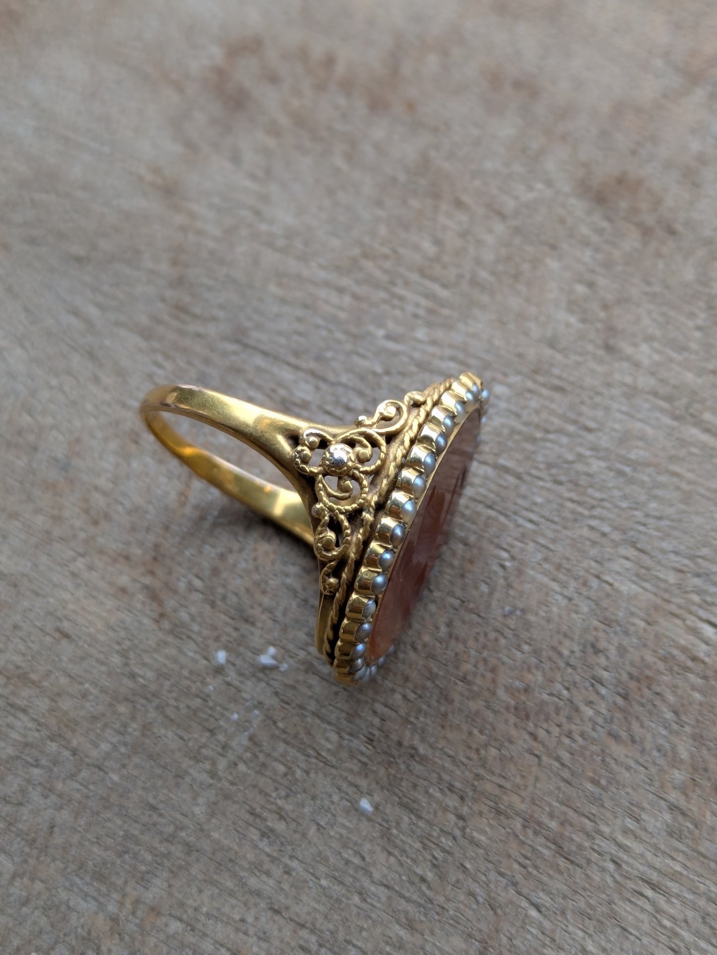 18k 1800's Swan Intaglio Ring with Seed Pearl Halo