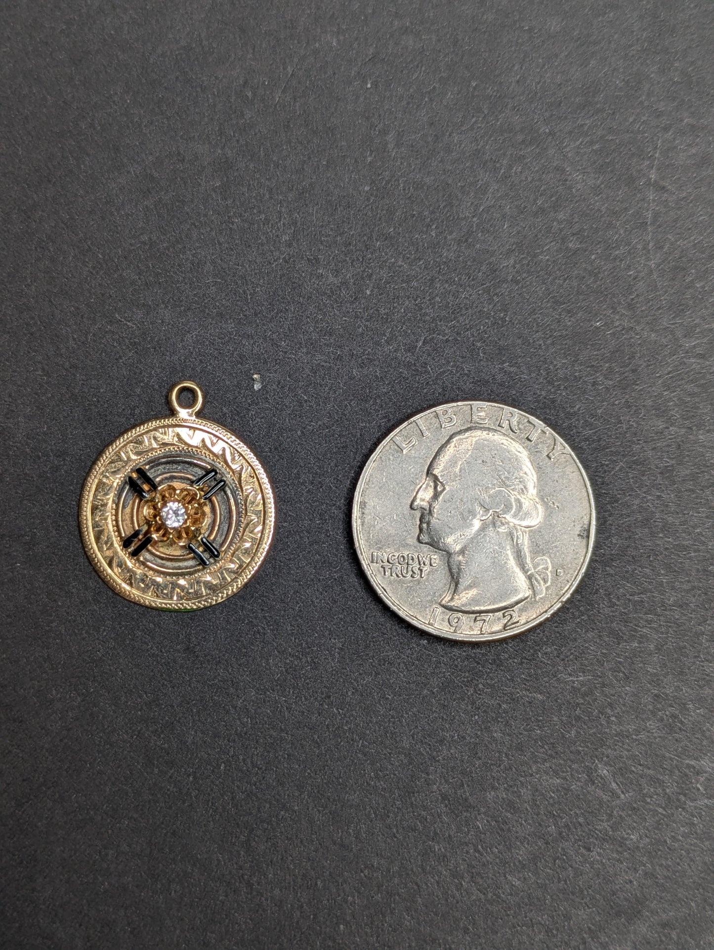 14kt Engraved Disk Charm with added Stick Pin Bull's Eye and Diamond