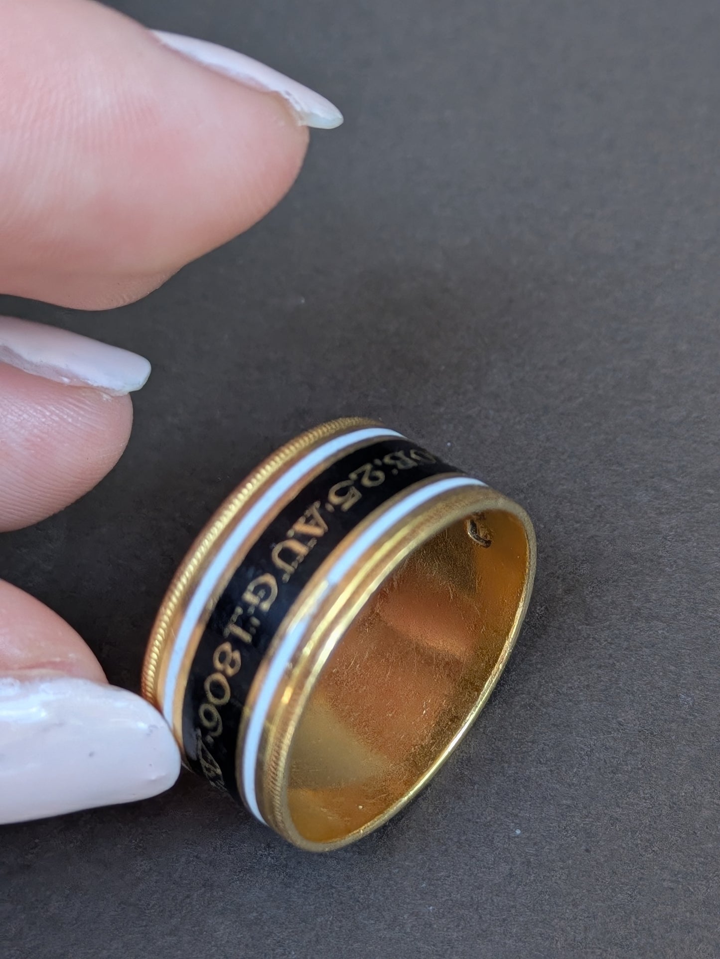 18k Mr. James Robson Georgian Mourning Band with White and Black Enamel 1806