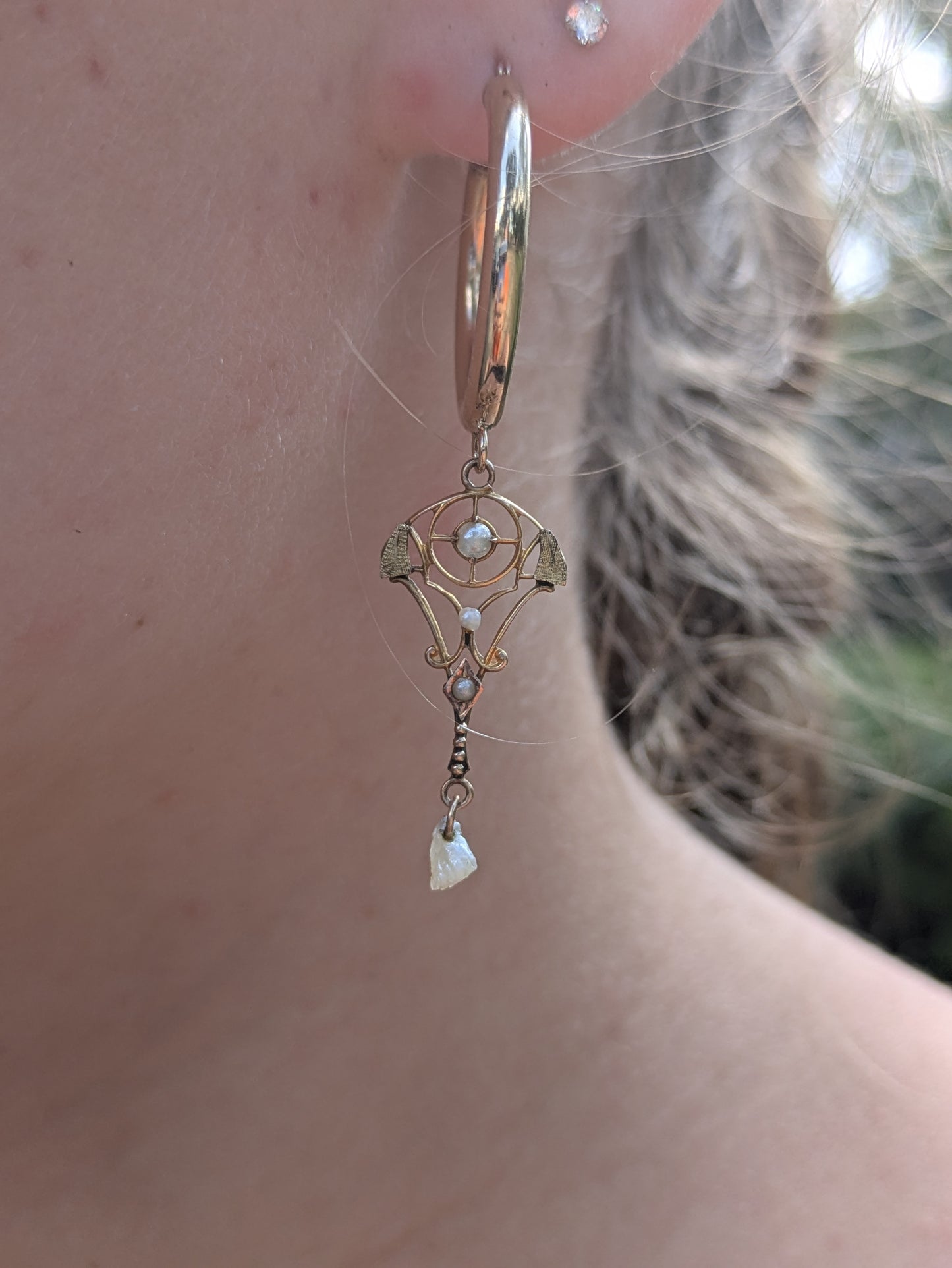 14k Hoop Earrings with Art Nouveau Diamond and Pearl Lavelier