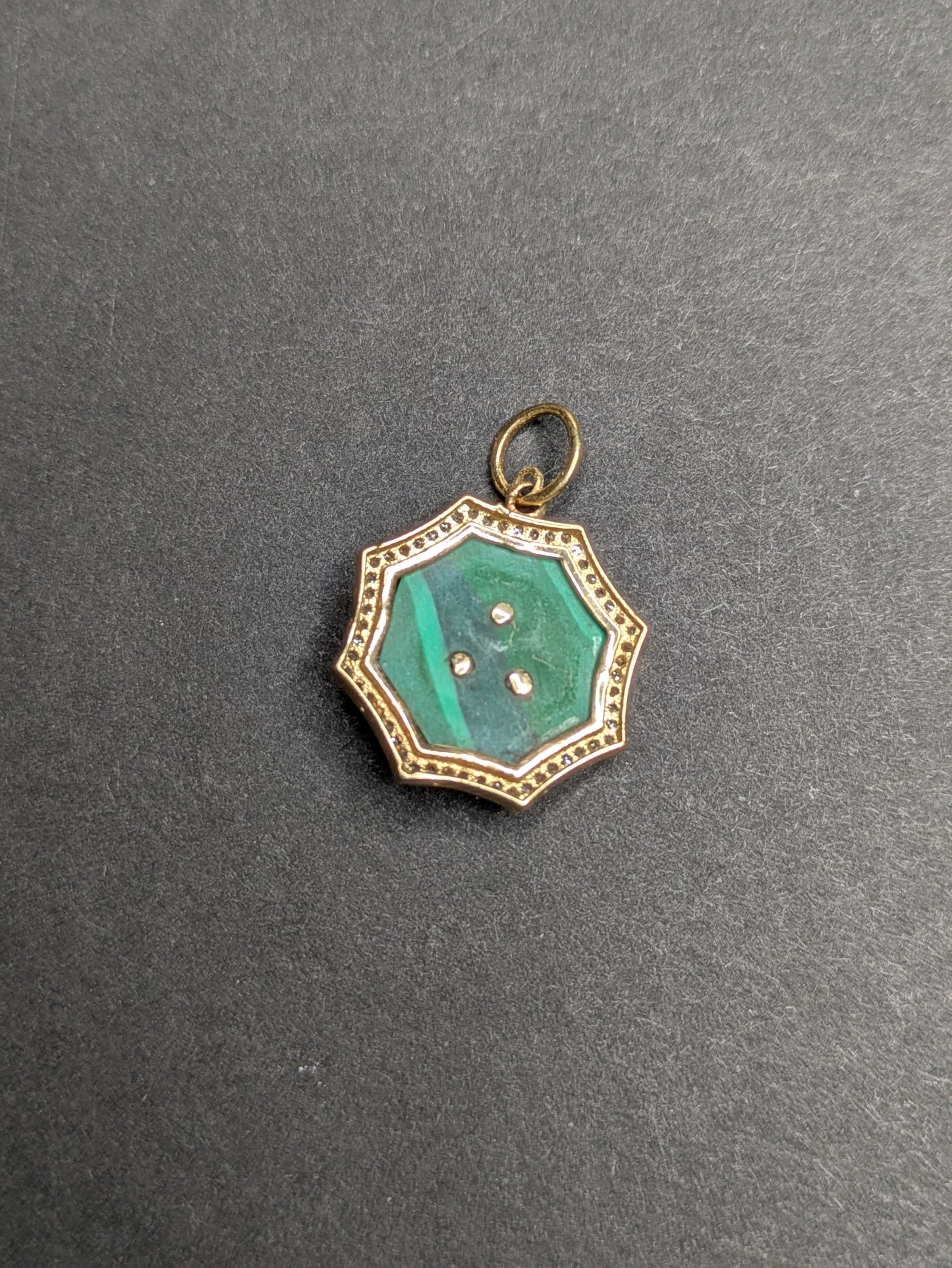 14Kt Malachite Pendant with Diamond Halo and Rose Cut Diamond Center