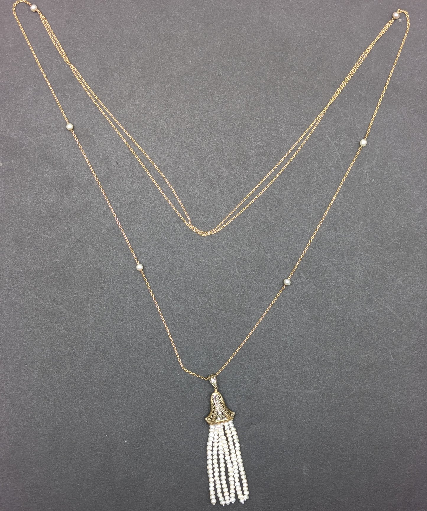 14k Diamond and Pearl Tassel on Long Doubled Chain