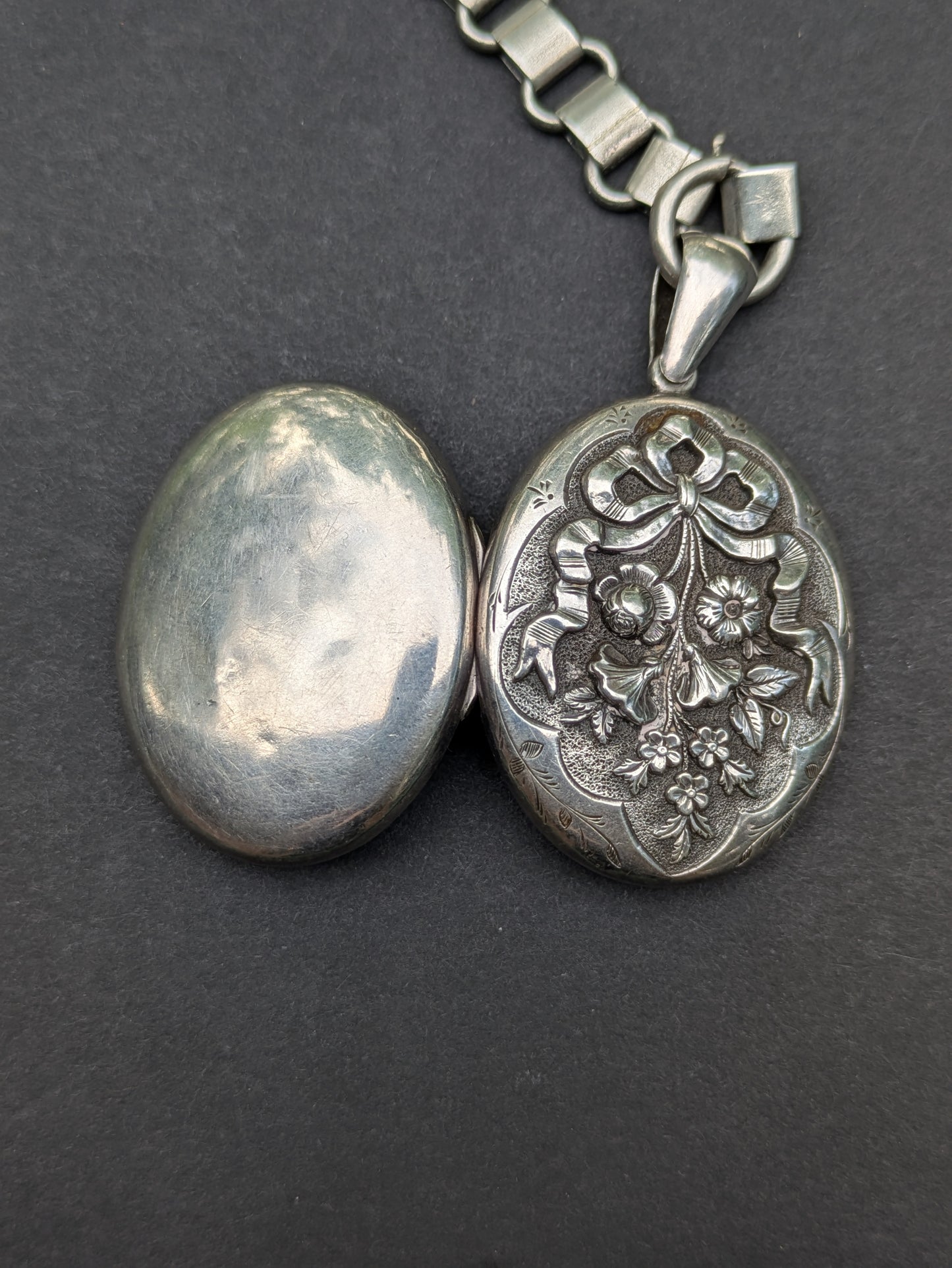 English Sterling Book Chain with Repousse Floral Locket