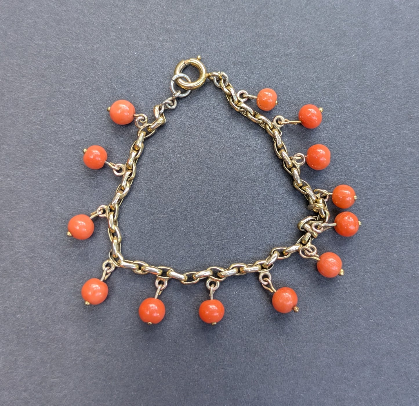 14Kt Coral bead and paperclip link bracelet, German 1920's