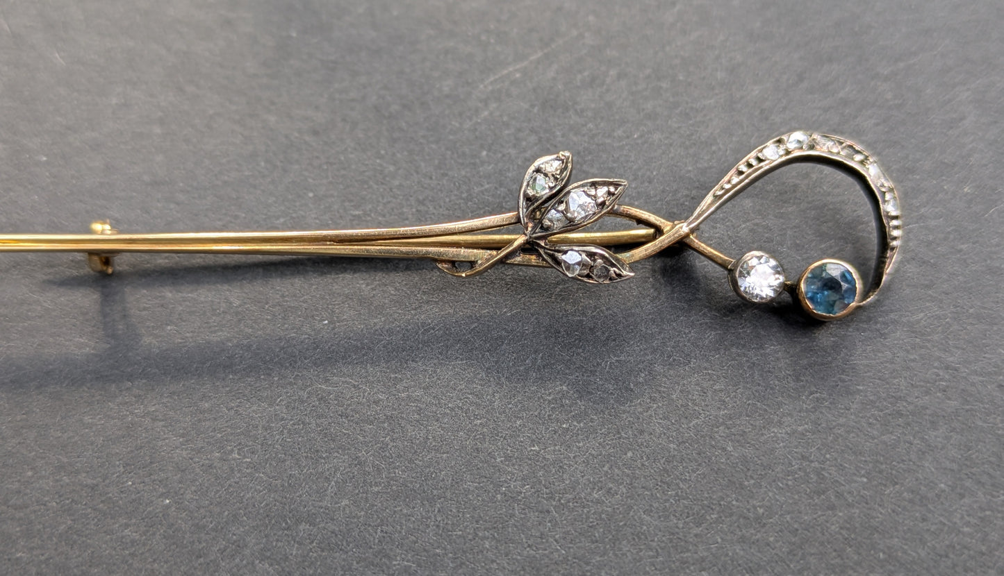 14kt and Silver Jugendstil Brooch Sapphire and Diamond