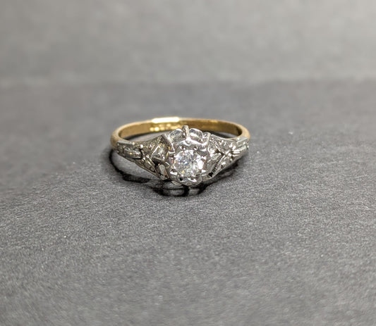 18k Gold and Platinum European Cut Diamond Ring
