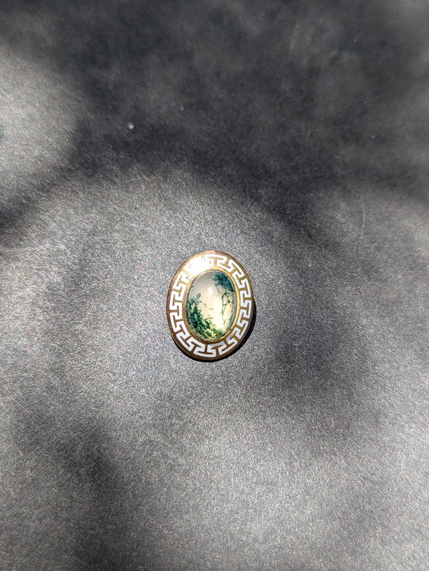Early 1900's 14k Moss Agate White Enamel Pendant