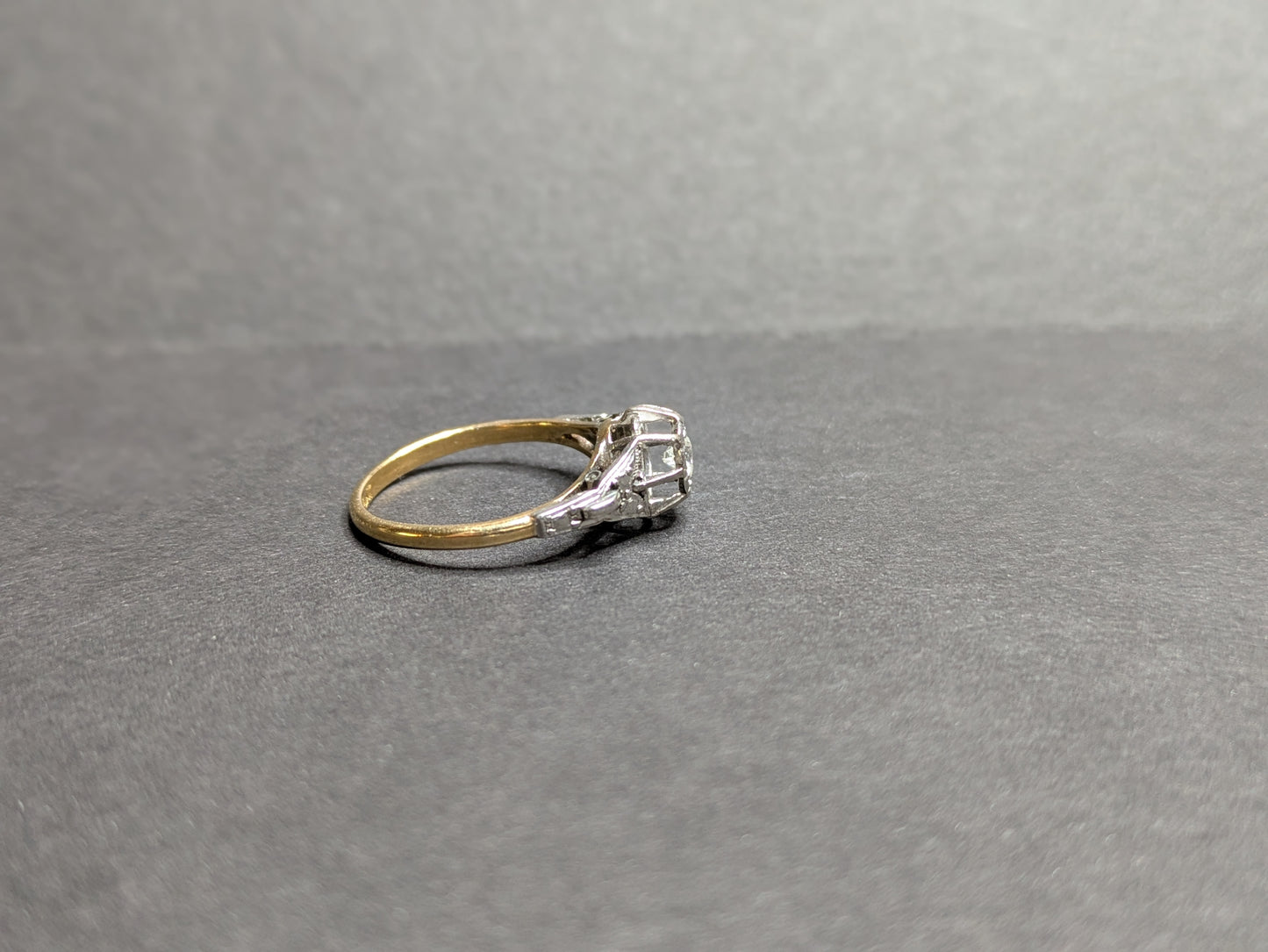 18k Gold and Platinum European Cut Diamond Ring