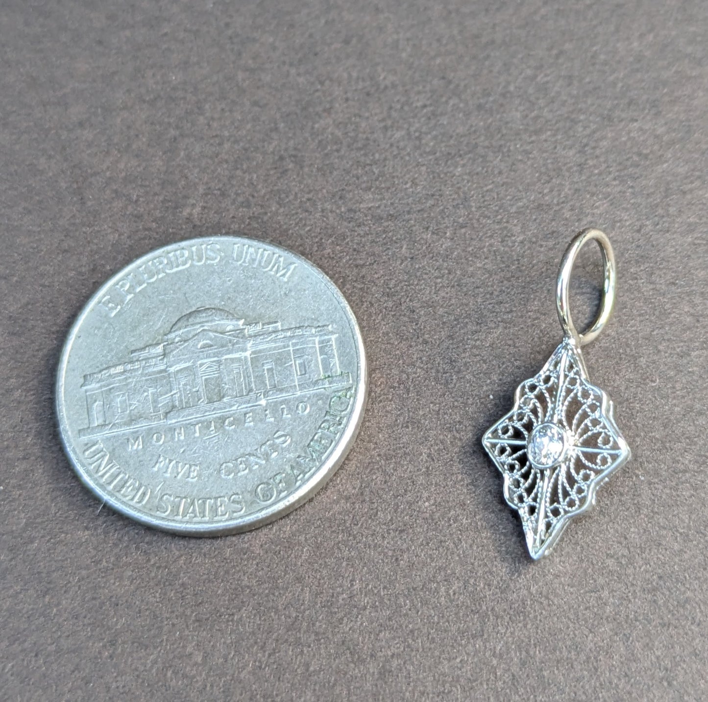 14kt White Gold Filigree & Damond Charm