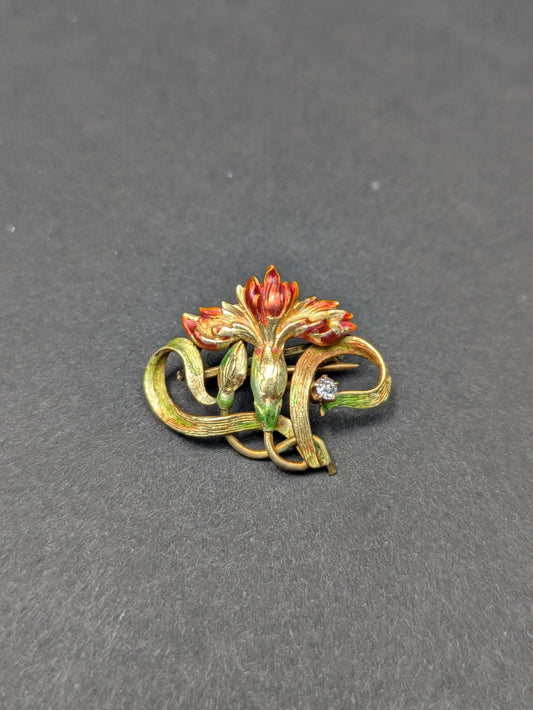 14kt Art Nouveau Enamel Flower Brooch with Diamond