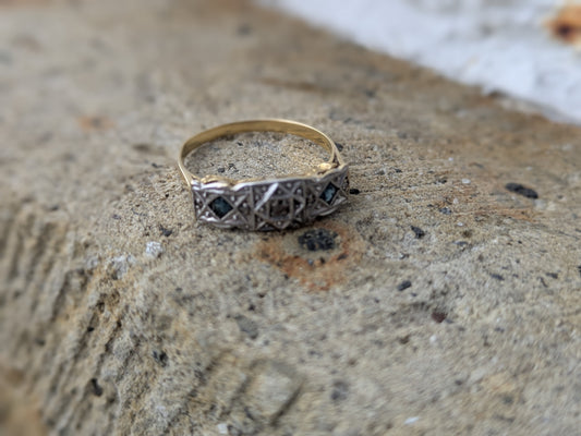 Edwardian 18kt and Platinium Mine Cut and Sapphire Ring