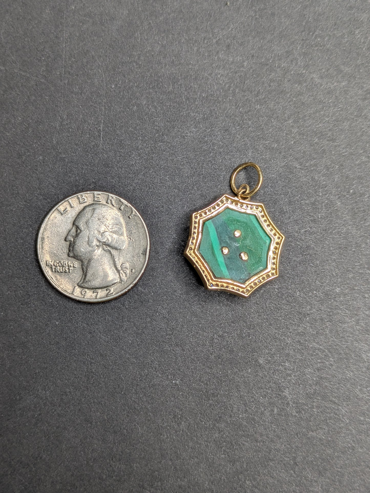 14Kt Malachite Pendant with Diamond Halo and Rose Cut Diamond Center
