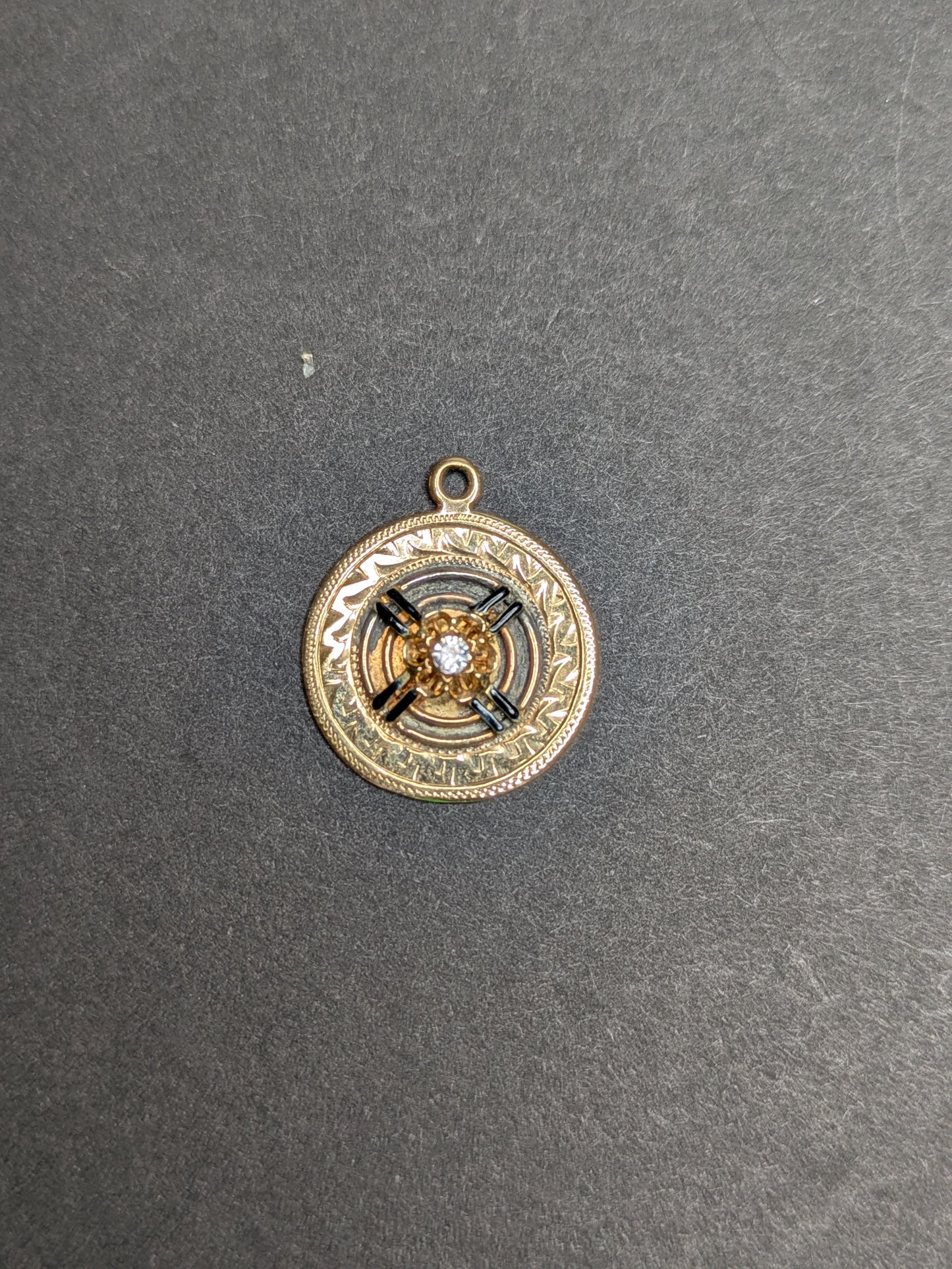 14kt Engraved Disk Charm with added Stick Pin Bull's Eye and Diamond