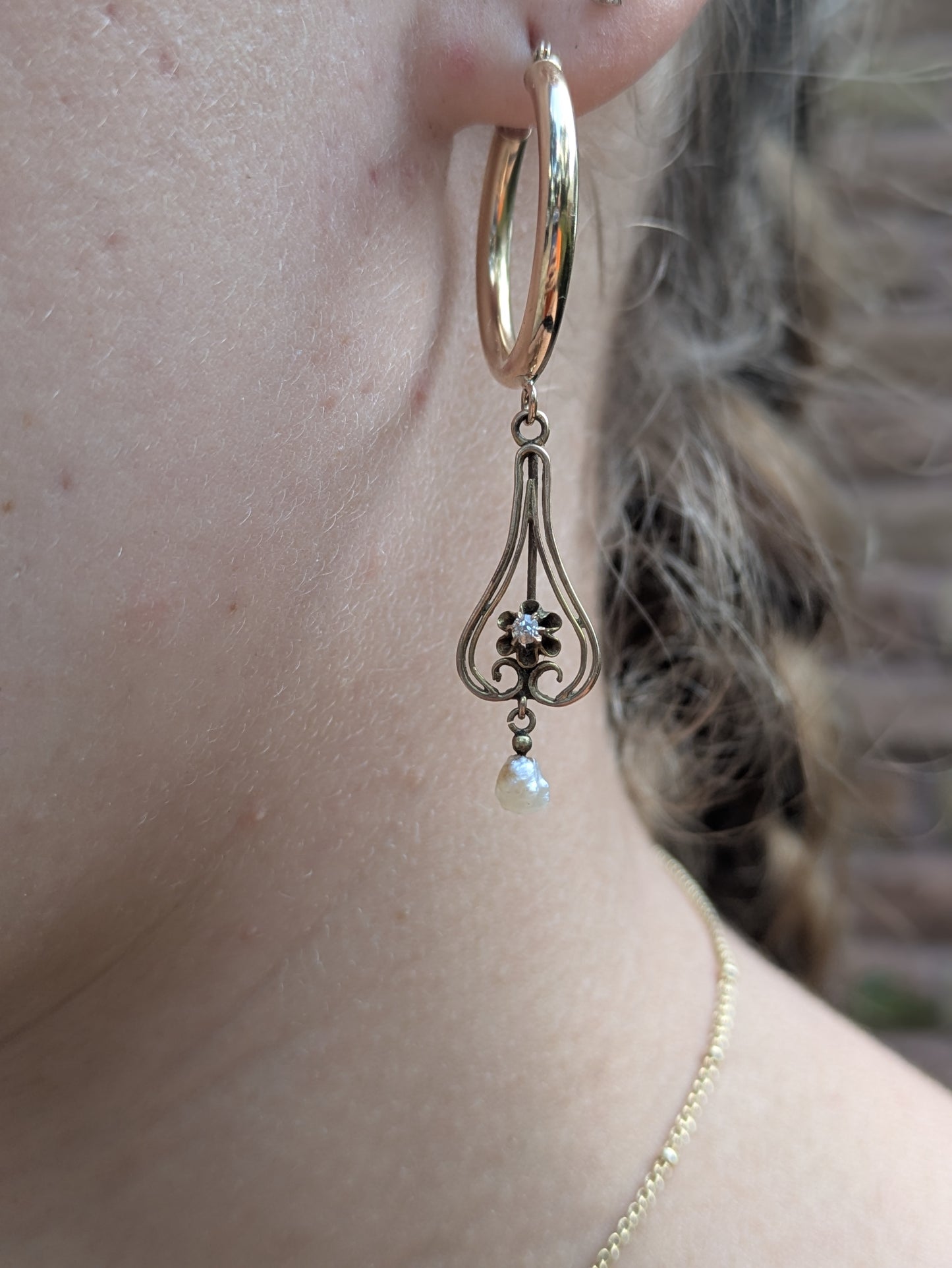 14k Hoop Earrings with Art Nouveau Diamond and Pearl Lavelier