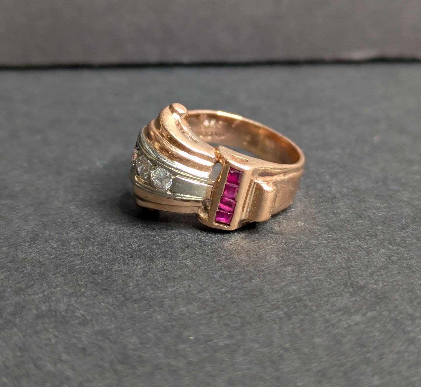 14k Rose Gold Ruby and Diamond Tank Ring
