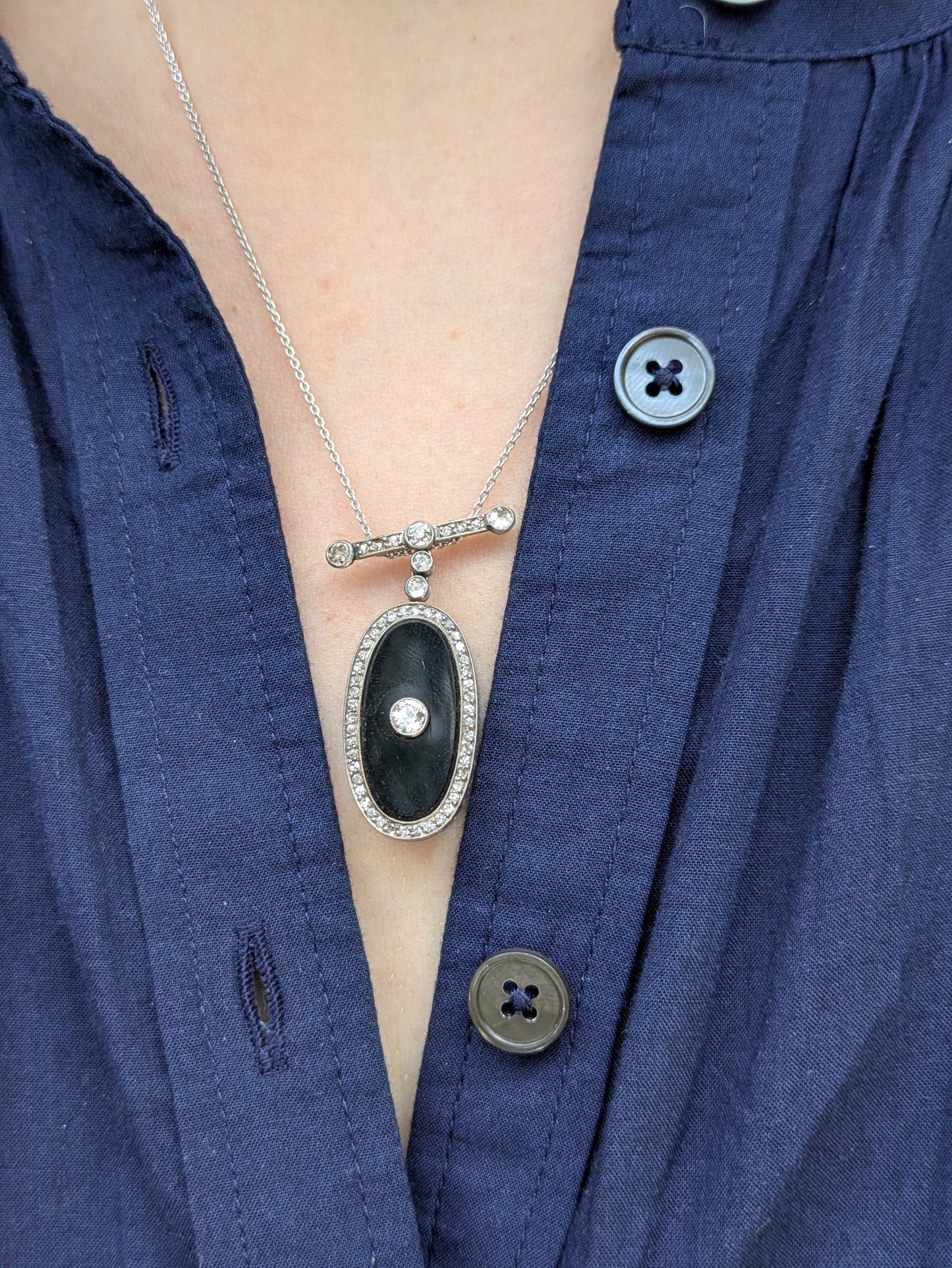 Art Deco Platinum Onyx and Diamond Watch Pendant on 14kt White Gold Chain