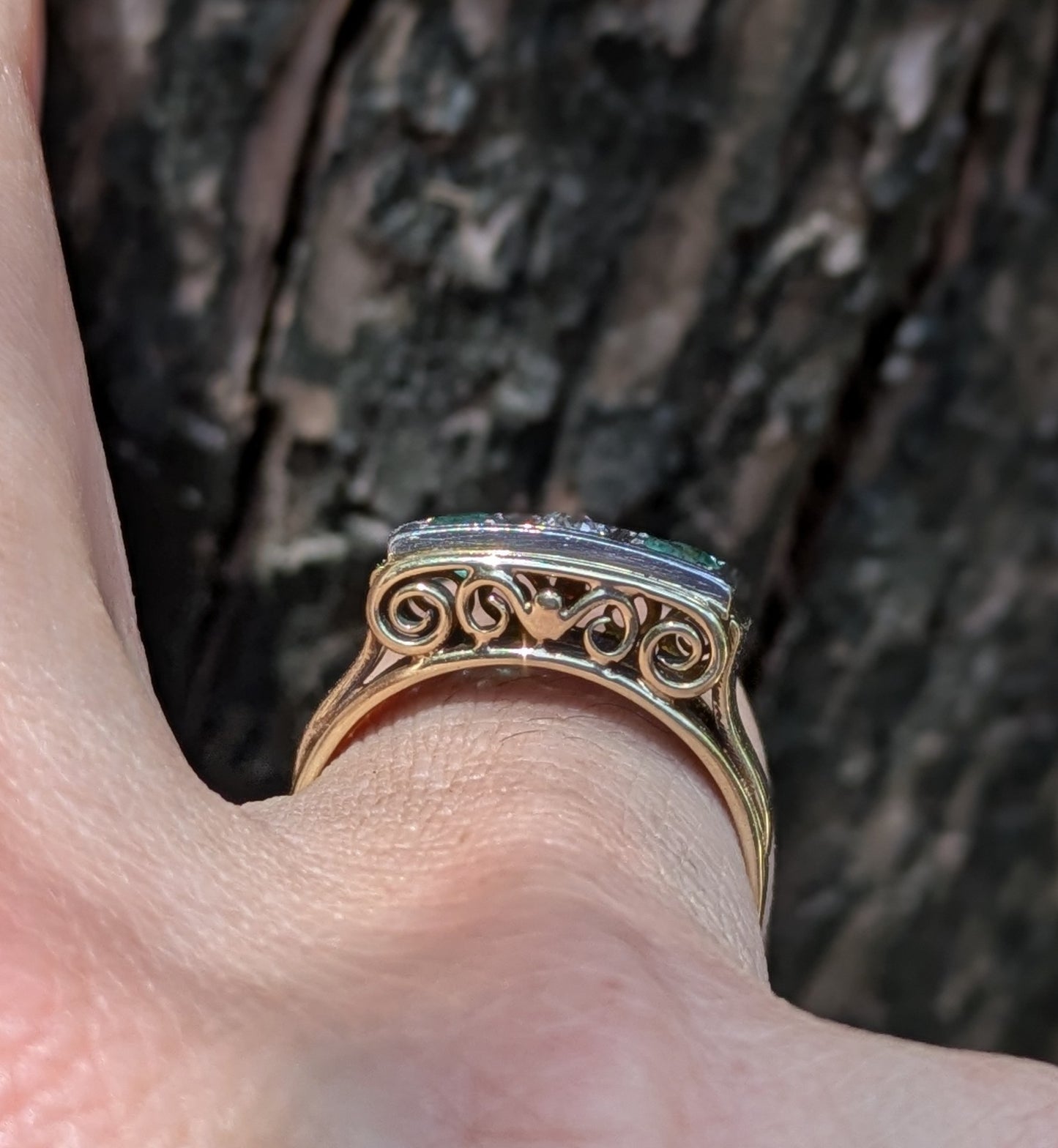 German 1950's 14k Three Stone Emerald and Diamond Ring