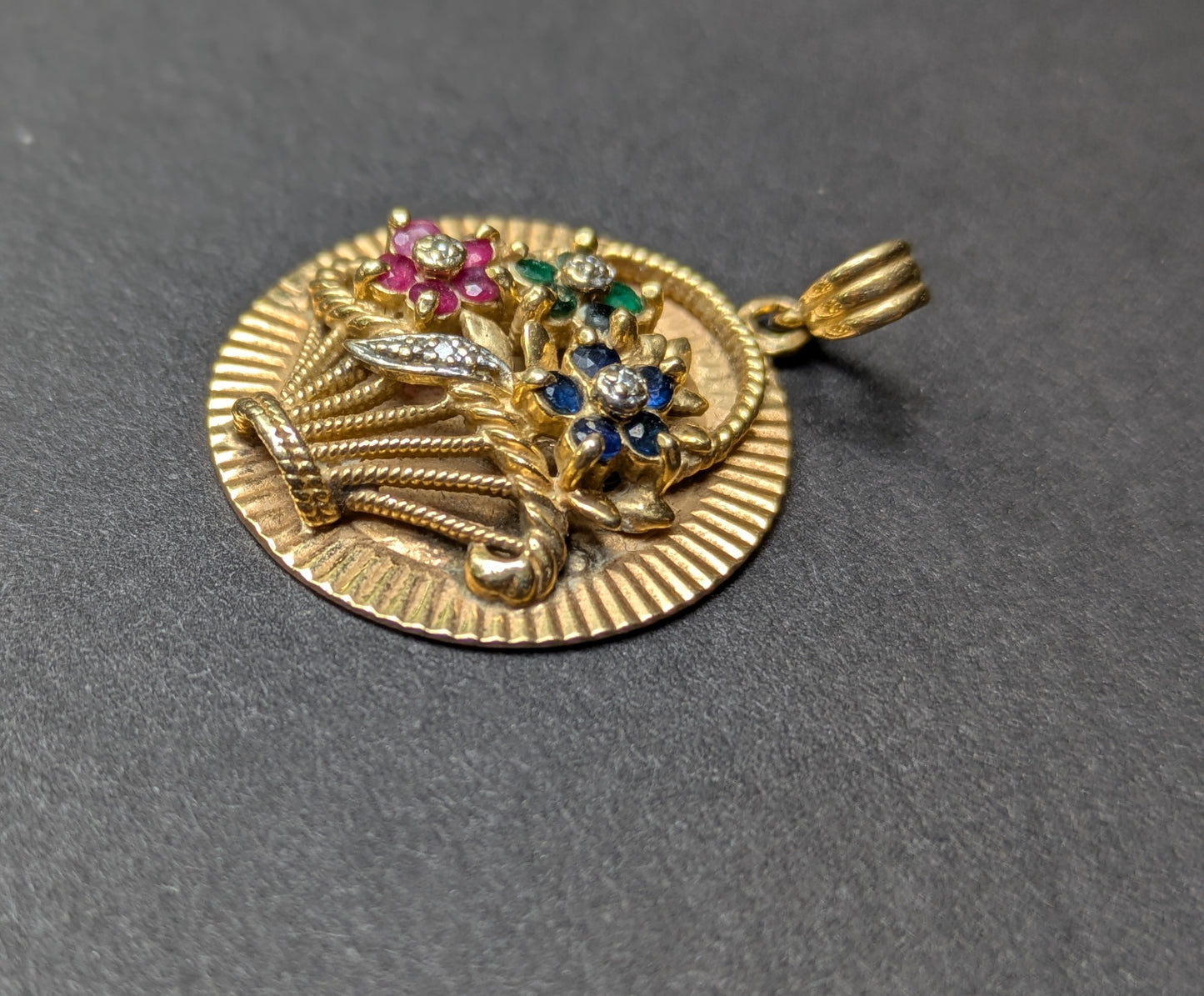 14k Vintage Pendant with Basket of Flowers- Ruby, Sapphire, Emerald, and Diamond