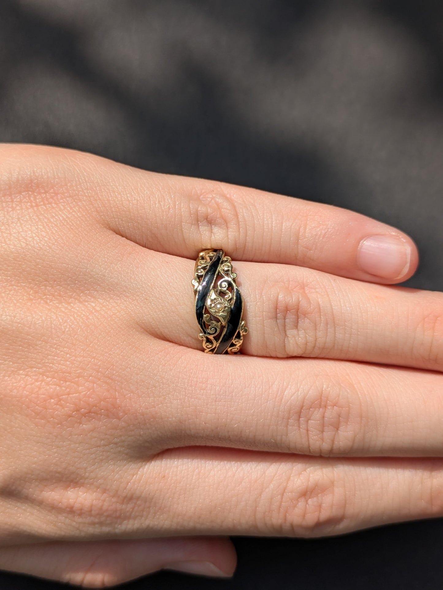 14kt Black Enamel and Seed Pearl Ring Mourning