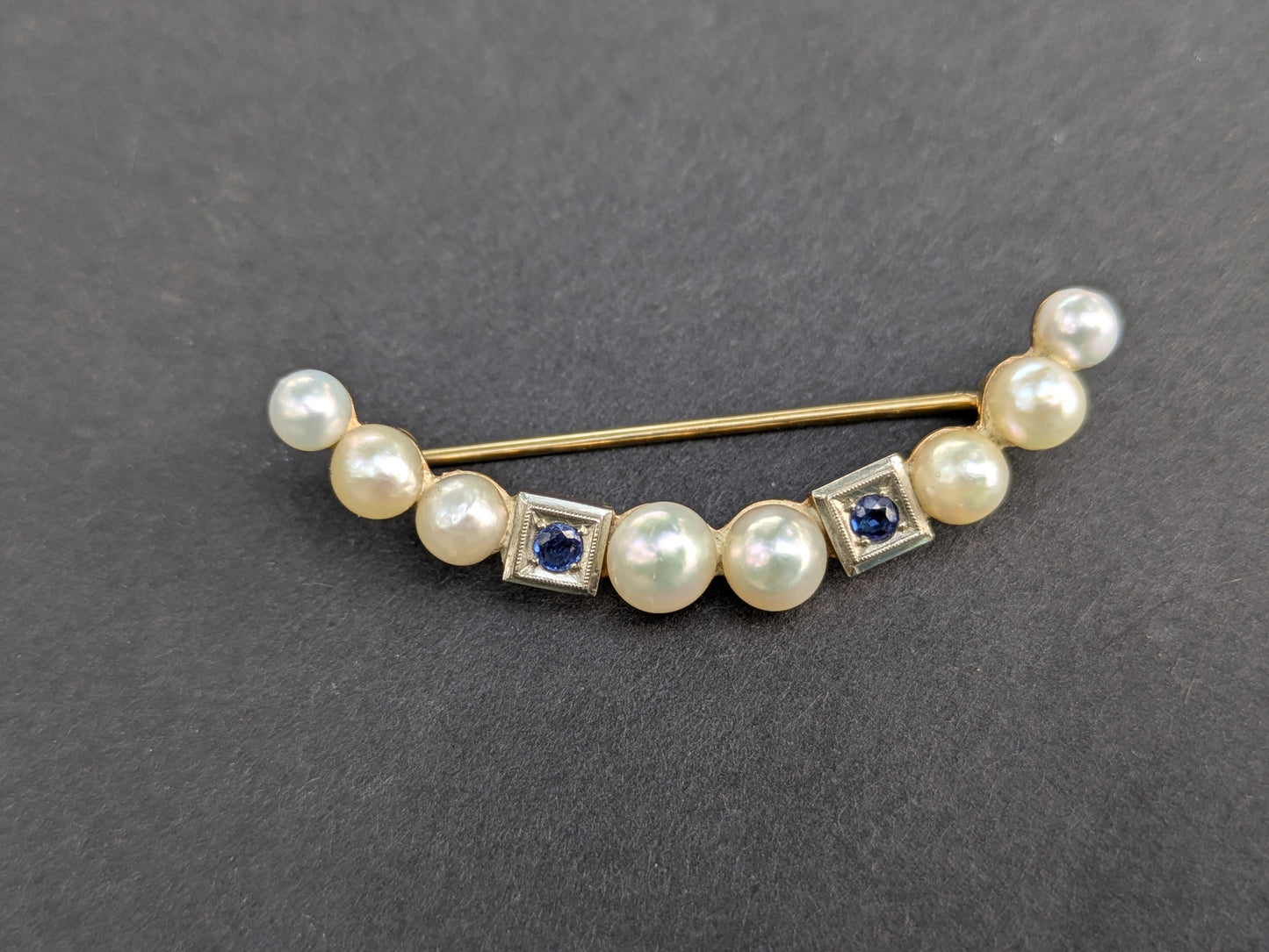 14kt Pearl and Sapphire Cresent Brooch