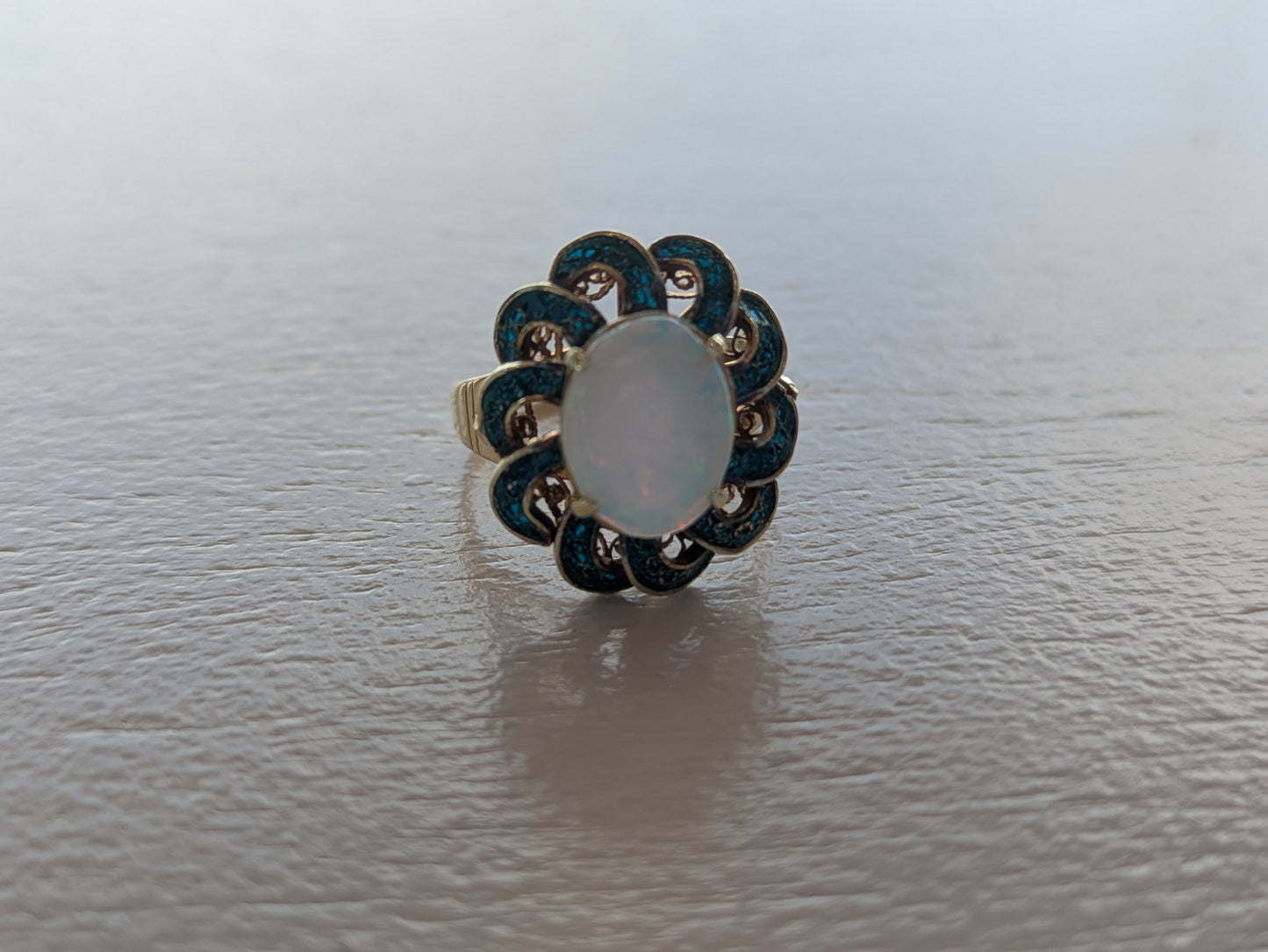 14kt Green Enamel and Opal Ring